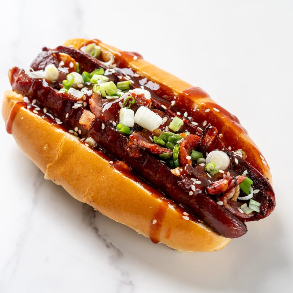 Glazed Asian-style hot dog topped with bacon, scallions, sesame seeds, and sauce in a toasted bun.