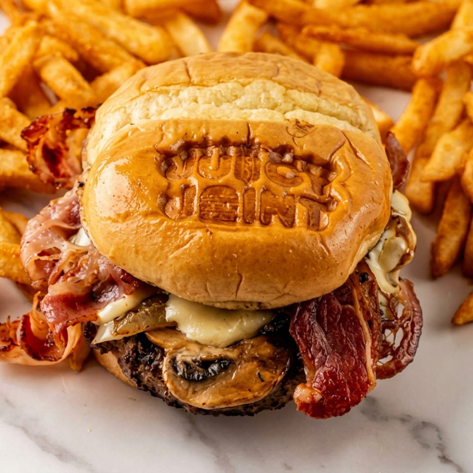 Juicy Joint branded burger with bacon, mushrooms, cheese, and caramelized onions, surrounded by golden fries.