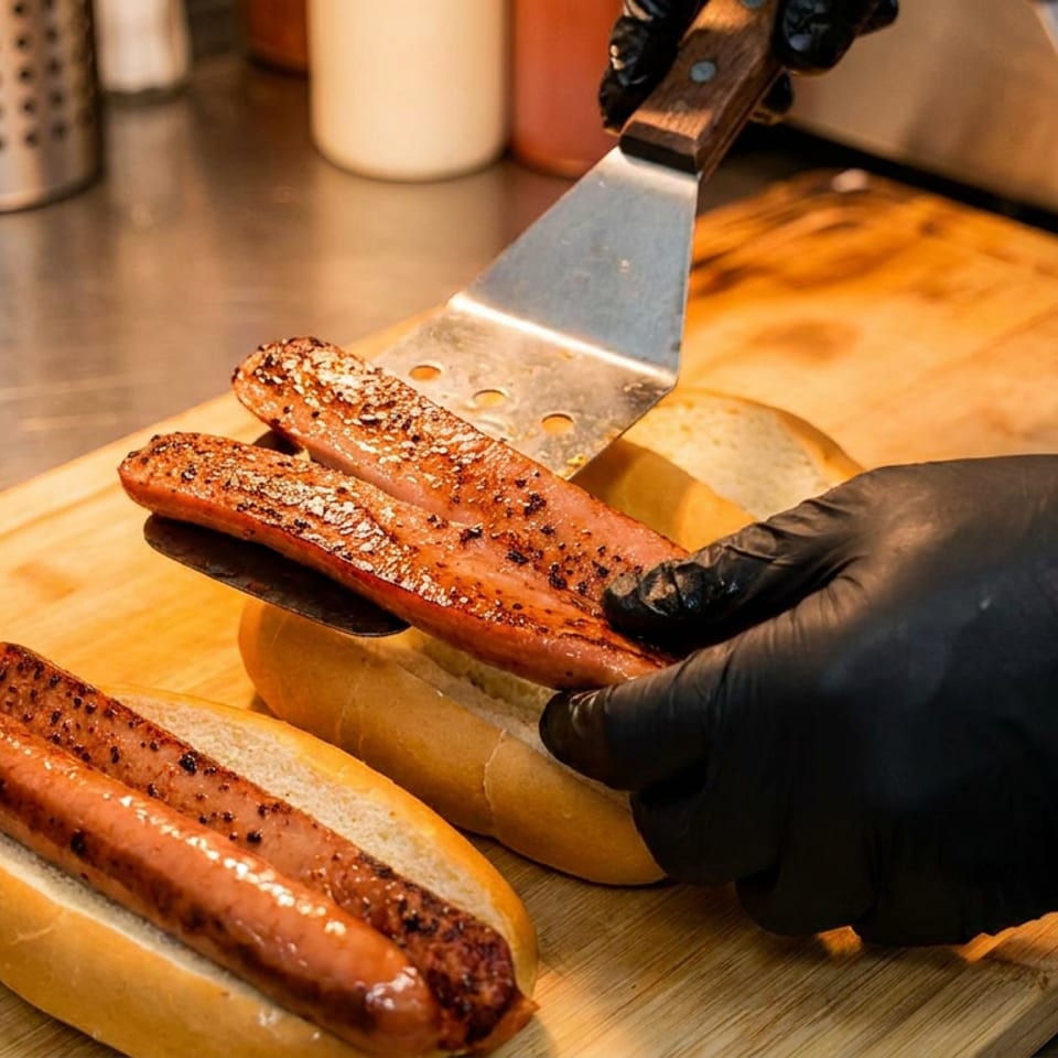 Chef in black gloves uses a spatula to place grilled hot dogs into buns.