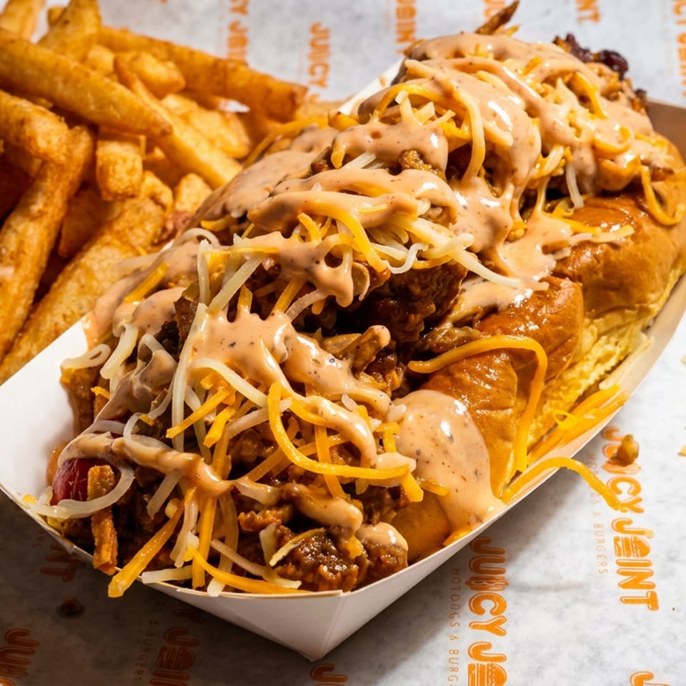 Loaded chili cheese dog with sauce and shredded cheese, alongside golden fries on branded paper.