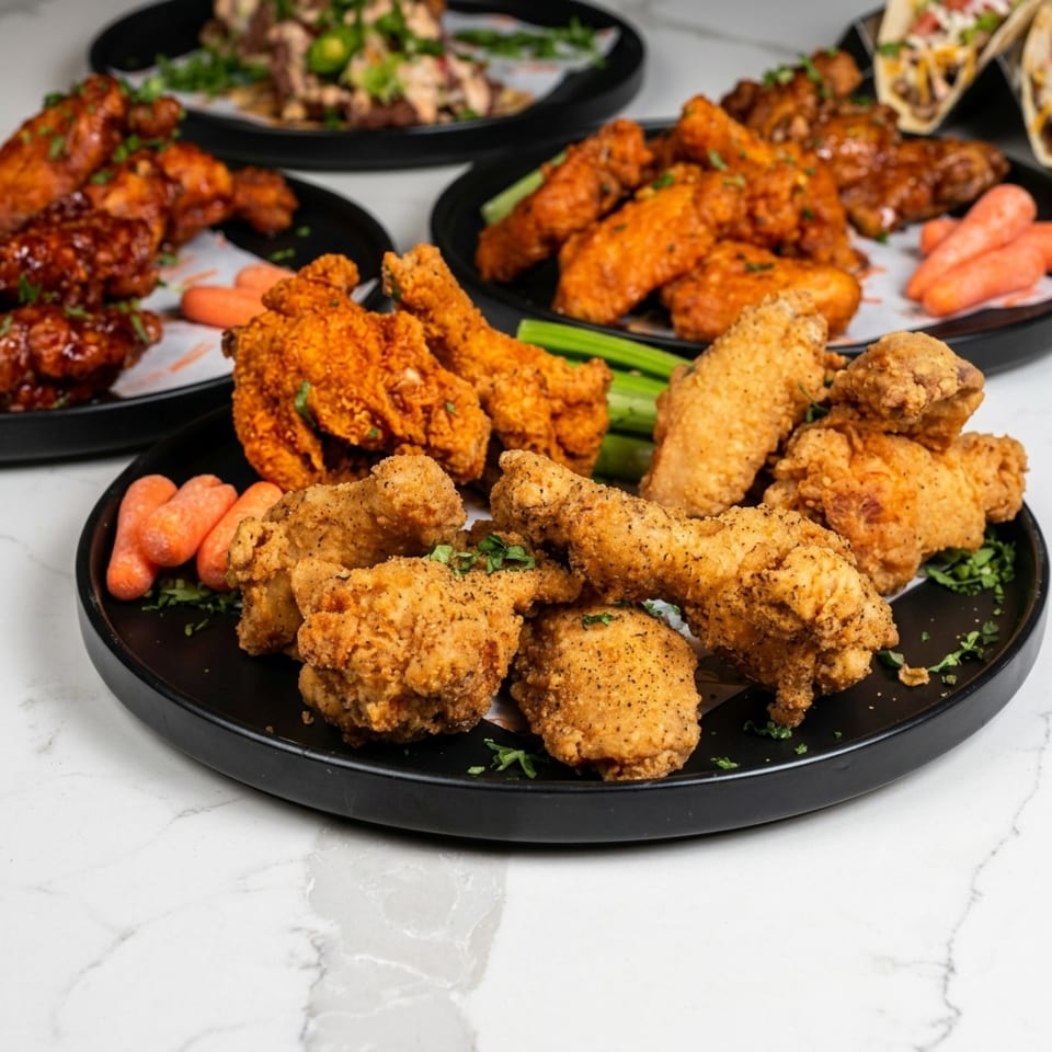 Platters of various fried chicken wings, some with sauce, carrots, and celery on a marble surface.
