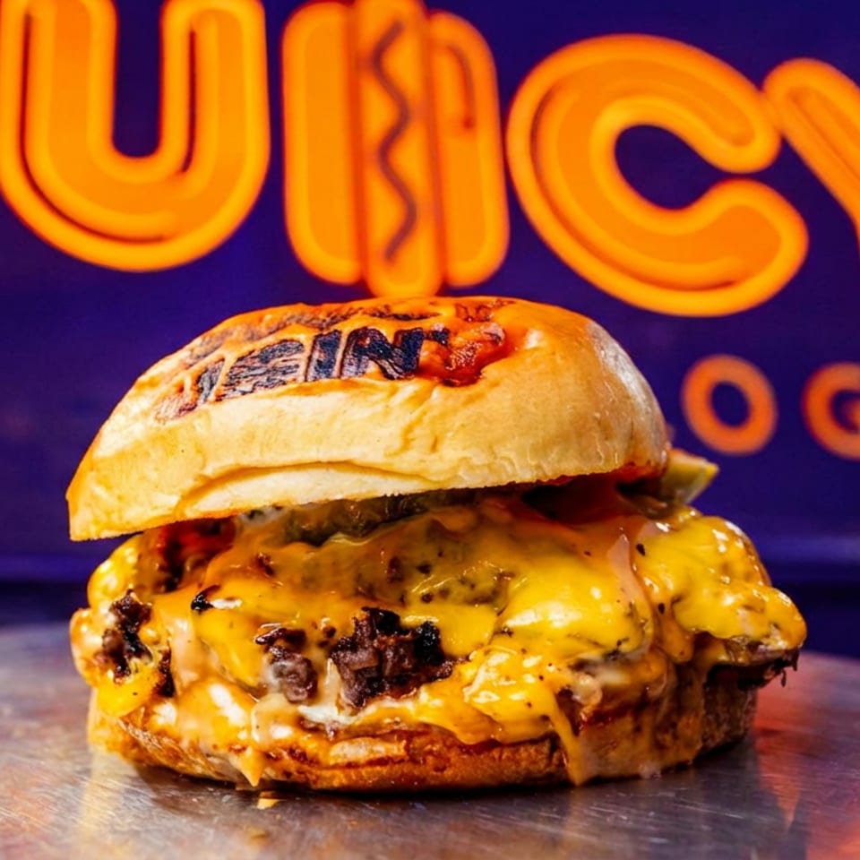 A very cheesy burger with a branded bun sits on a counter, 'JUICY DOGS' neon sign in background.